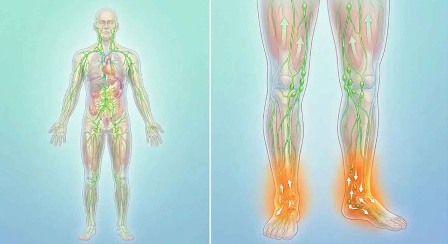Illustration comparing lymphatic flow across the full body and legs