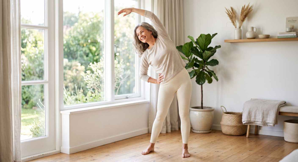 Woman stretching gently in soft natural light