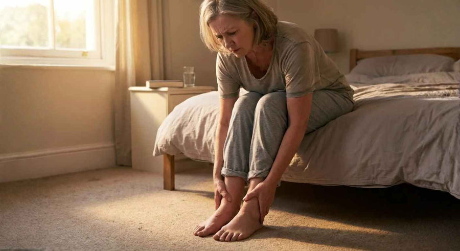 Woman sitting on the edge of her bed, gently touching her ankle